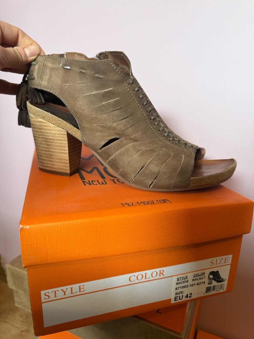 Miz Mooz Walnut Suede Cutout Open-Toe Block Heel